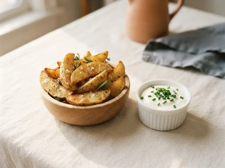 Airfryer-Kartoffelecken mit Dip: goldbraune Kartoffelecken in Holzschale, dazu cremiger Sour-Cream-Dip
