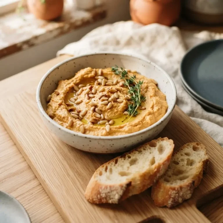 Kürbis-Dip mit Frischkäse in cremig-orangem Ton, bestreut mit Pinienkernen und Thymian, daneben Baguette.