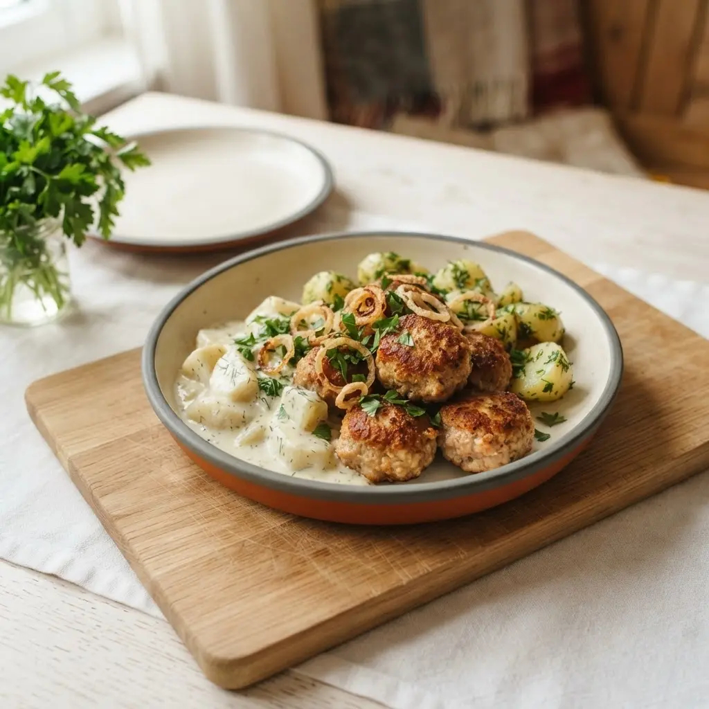 Kohlrabigemüse mit Frikadellen und Petersilienkartoffeln auf einem Keramikteller, garniert mit Petersilie