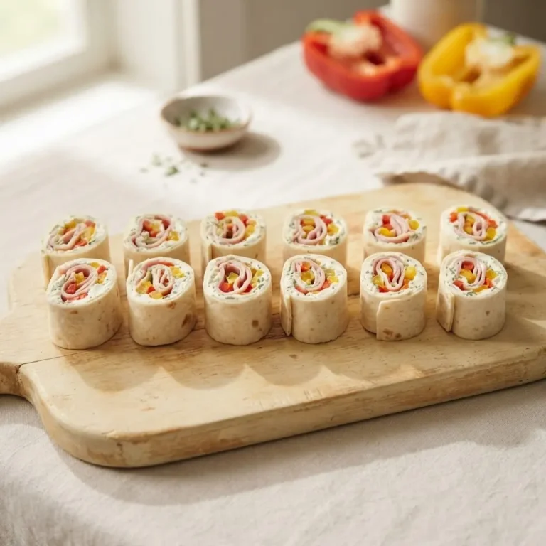 Herzhafte Fingerfood Snacks Party: Mini-Wrap-Spiralen mit Frischkäse und Paprika auf Holzbrett