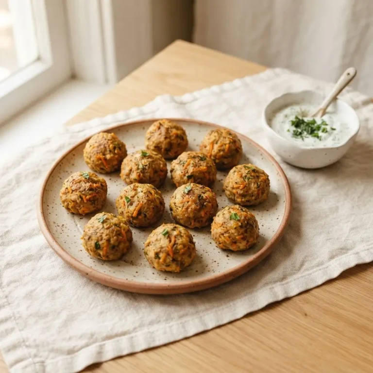 Goldbraune Hackbällchen mit Gemüse auf Keramikteller, Buffet-Fingerfood aus dem Backofen