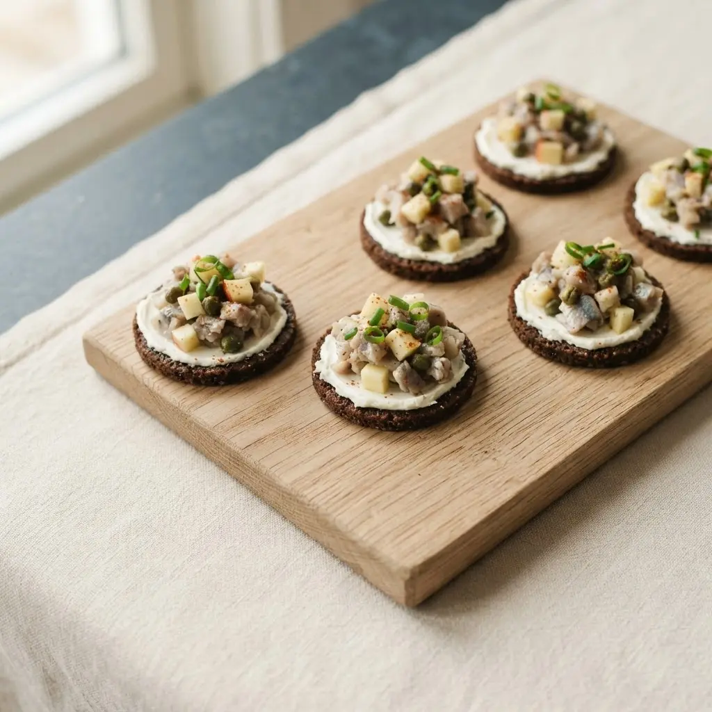Matjes Tatar auf Pumpernickel Häppchen mit Frischkäse, Apfel, Kapern und Schnittlauch auf hellem Holzbrett