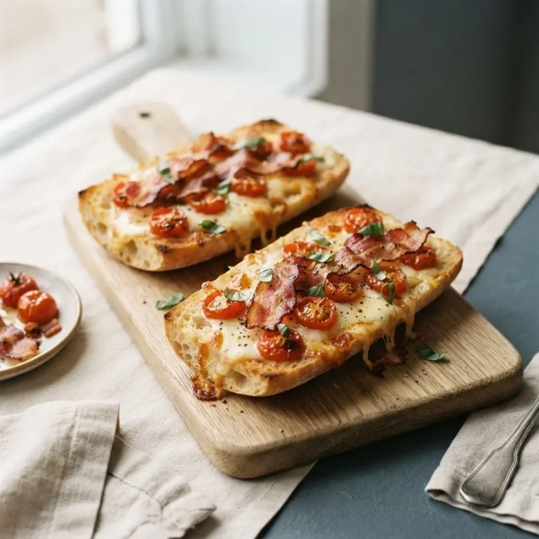 Überbackener Sandwich-Auflauf aus Ciabatta mit goldbraunem Käse, Tomaten und Speck auf hellem Holzbrett