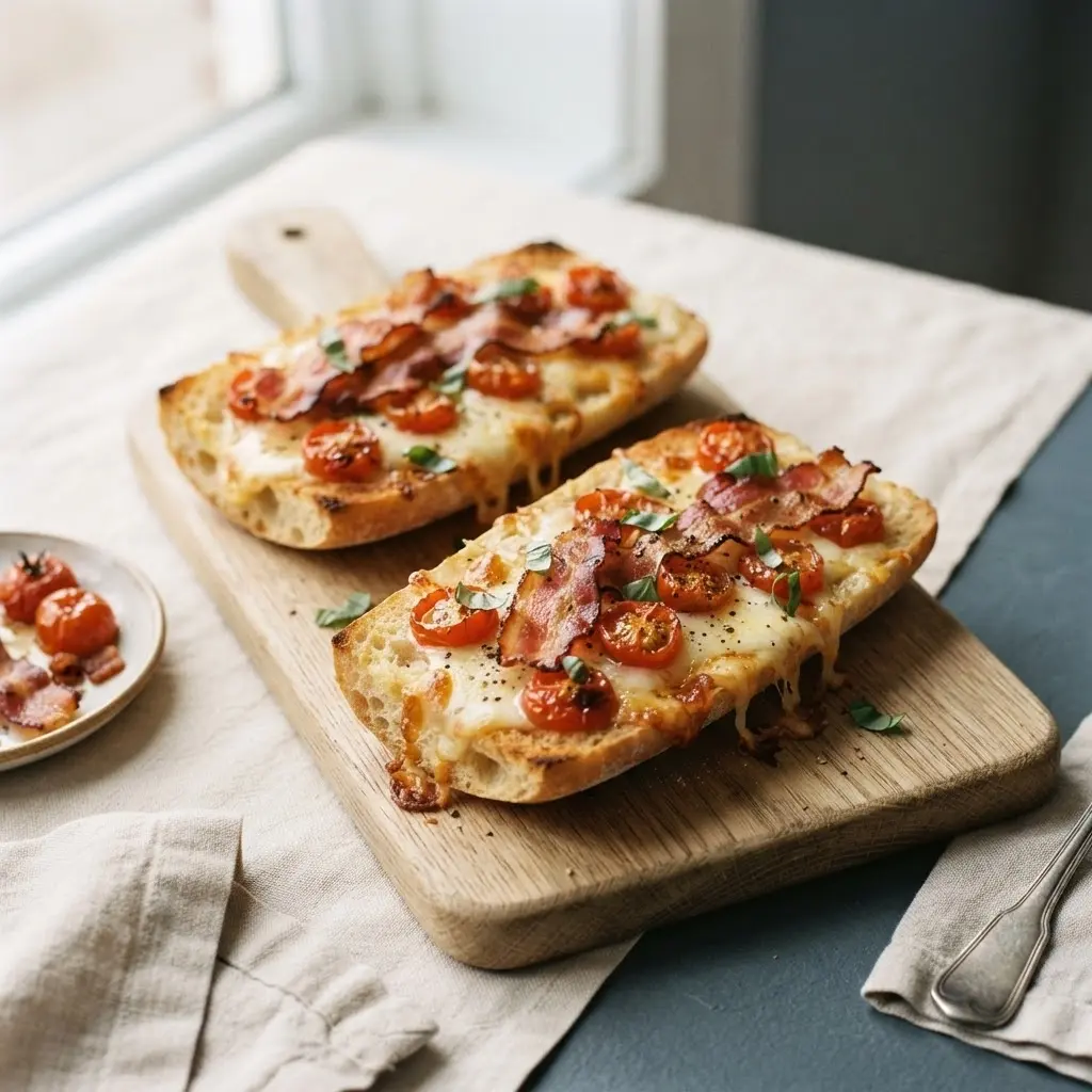 Überbackener Sandwich-Auflauf aus Ciabatta mit goldbraunem Käse, Tomaten und Speck auf hellem Holzbrett