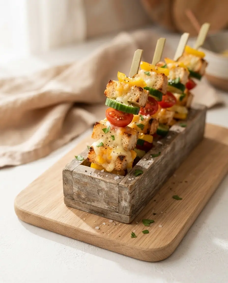 Käse-Brot-Spieße mit Cocktailtomaten, Gurke und Paprika auf einem Holzbrett als Party-Fingerfood