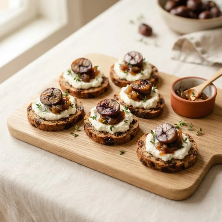 Sechs Maronen-Häppchen mit Ricotta und Schalotten-Kompott auf Früchtebrotronden, von oben fotografiert.