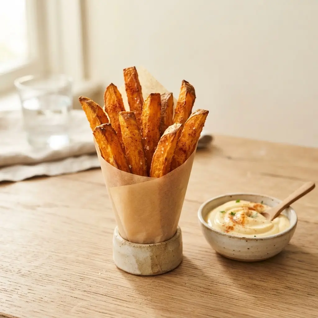 Knusprige Süßkartoffel-Pommes aus dem Airfryer mit cremigem Aioli-Dip in kleiner Keramikschale