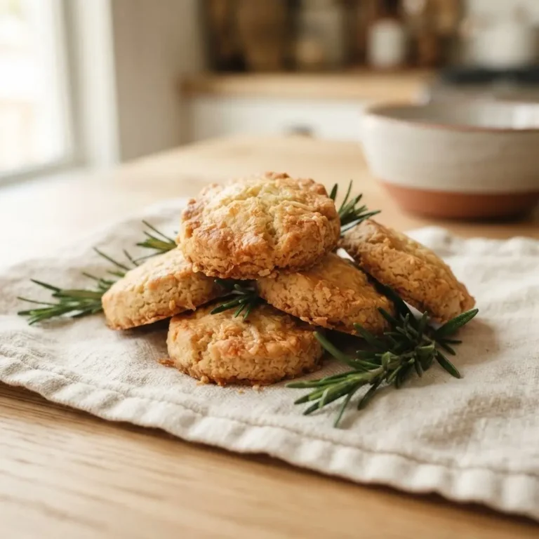 Herzhafte Parmesan-Kekse auf einem hellen Holzbrett mit frischem Rosmarin, goldbraun gebacken