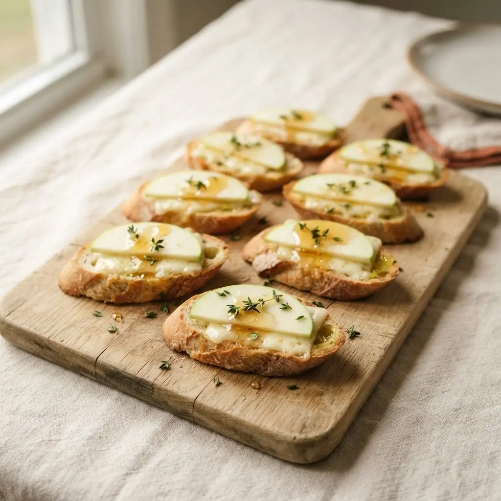 Apfel-Cheddar-Crostini mit Honig und Thymian auf rustikalem Holzbrett, Nahaufnahme