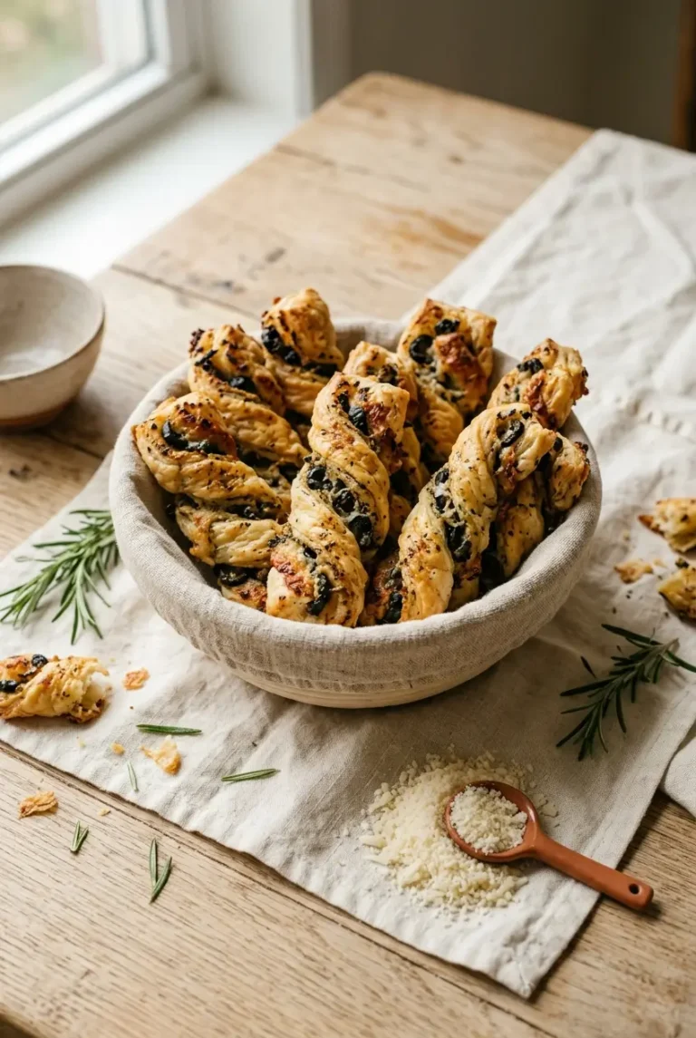 Goldbraune Oliven-Blätterteig-Twists mit Rosmarin und Parmesan in einem Leinenkörbchen