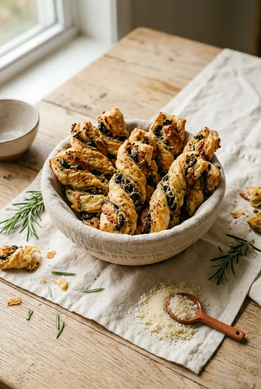 Goldbraune Oliven-Blätterteig-Twists mit Rosmarin und Parmesan in einem Leinenkörbchen