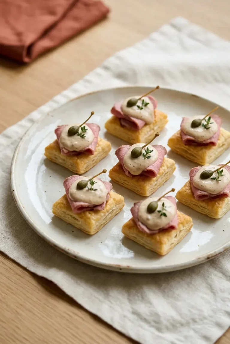 Vitello-Tonnato-Häppchen auf Blätterteig mit cremiger Thunfischsauce und Kapern auf hellem Teller