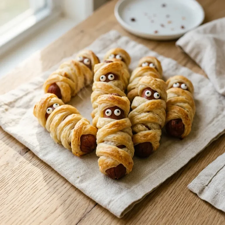 Mumien-Würstchen im Blätterteig mit Zuckeraugen auf hellem Holzuntergrund — Halloween-Fingerfood