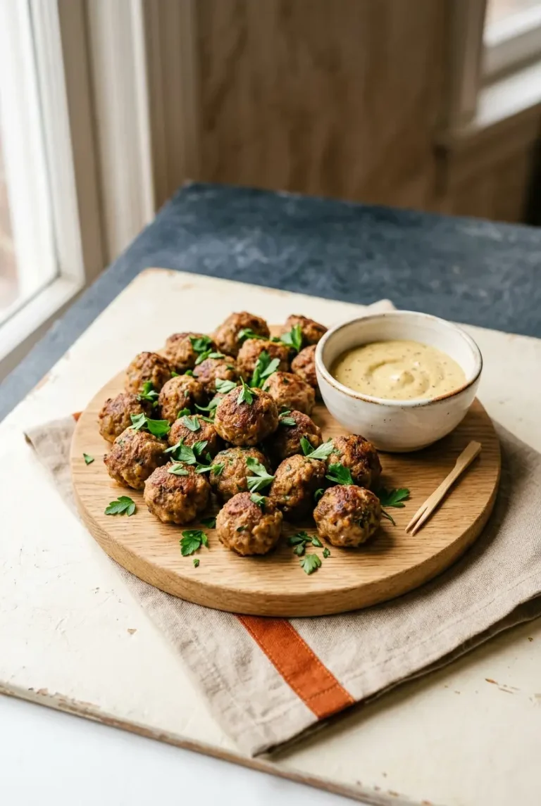 Mini-Frikadellen mit Senfdip auf einem Holzbrettchen, daneben eine kleine Schale mit cremigem Senf-Gurken-Dip