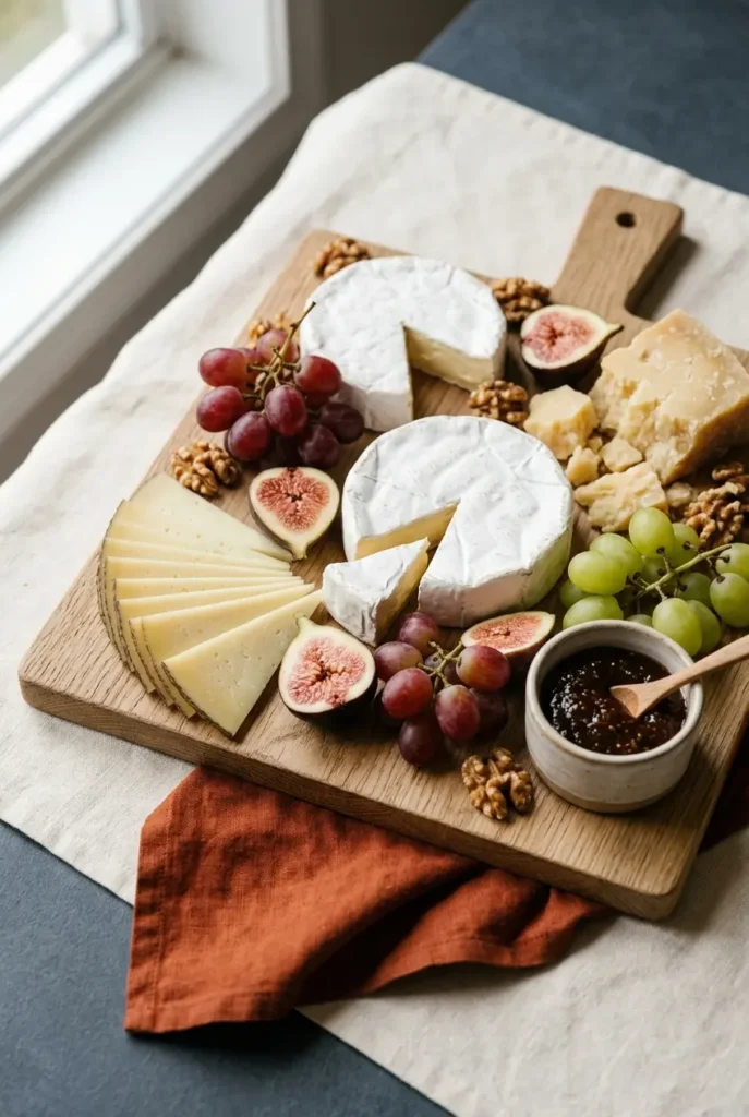 Käseplatte mit Gruyère, Brie und Manchego, Trauben, Feigen und Feigensenf auf hellem Holzbrett von oben
