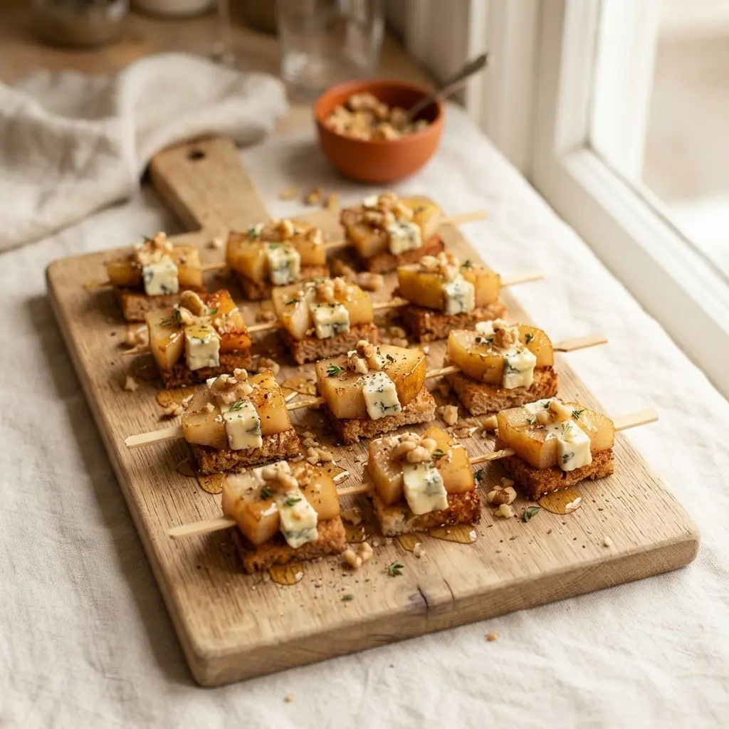 Birne-Gorgonzola-Spieße mit karamellisierten Birnenwürfeln, Blauschimmelkäse und Honig auf Holzbrett
