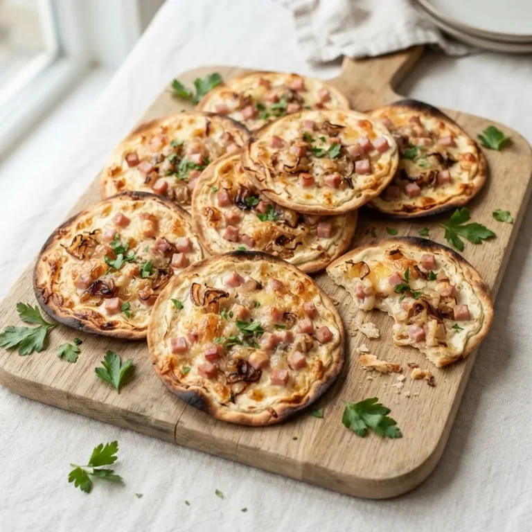 Acht goldbraune Mini-Flammkuchen mit Schinken, Zwiebeln und Käse auf hellem Holzbrett, Draufsicht