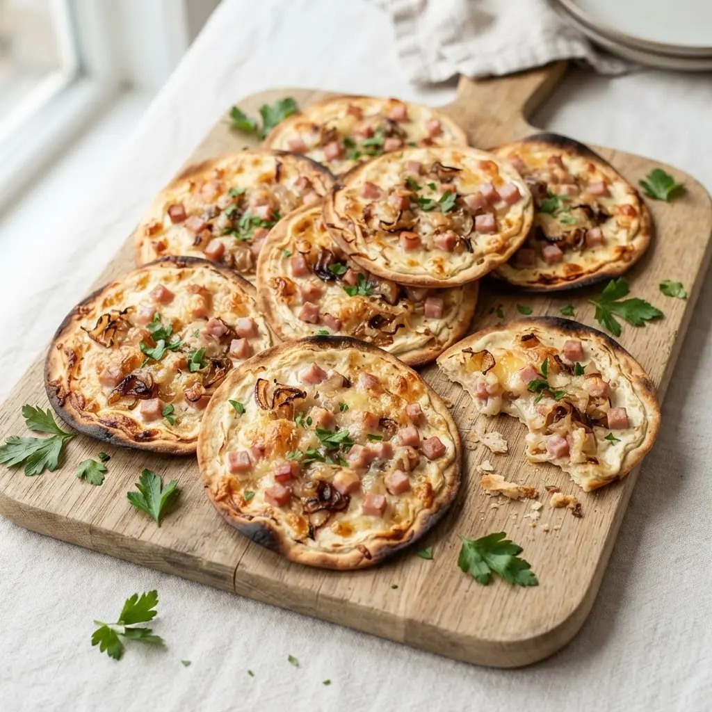 Acht goldbraune Mini-Flammkuchen mit Schinken, Zwiebeln und Käse auf hellem Holzbrett, Draufsicht