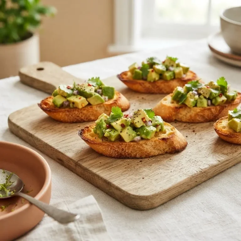 Avocado-Crostini mit Limette und Chili auf einer Holzplatte, goldbraunes Baguette mit frischer grüner Avocado-Salsa
