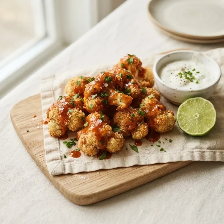 Knusprige Blumenkohl Wings aus dem Airfryer mit Buffalo-Sauce auf einem Holztablett, daneben Ranch-Dip