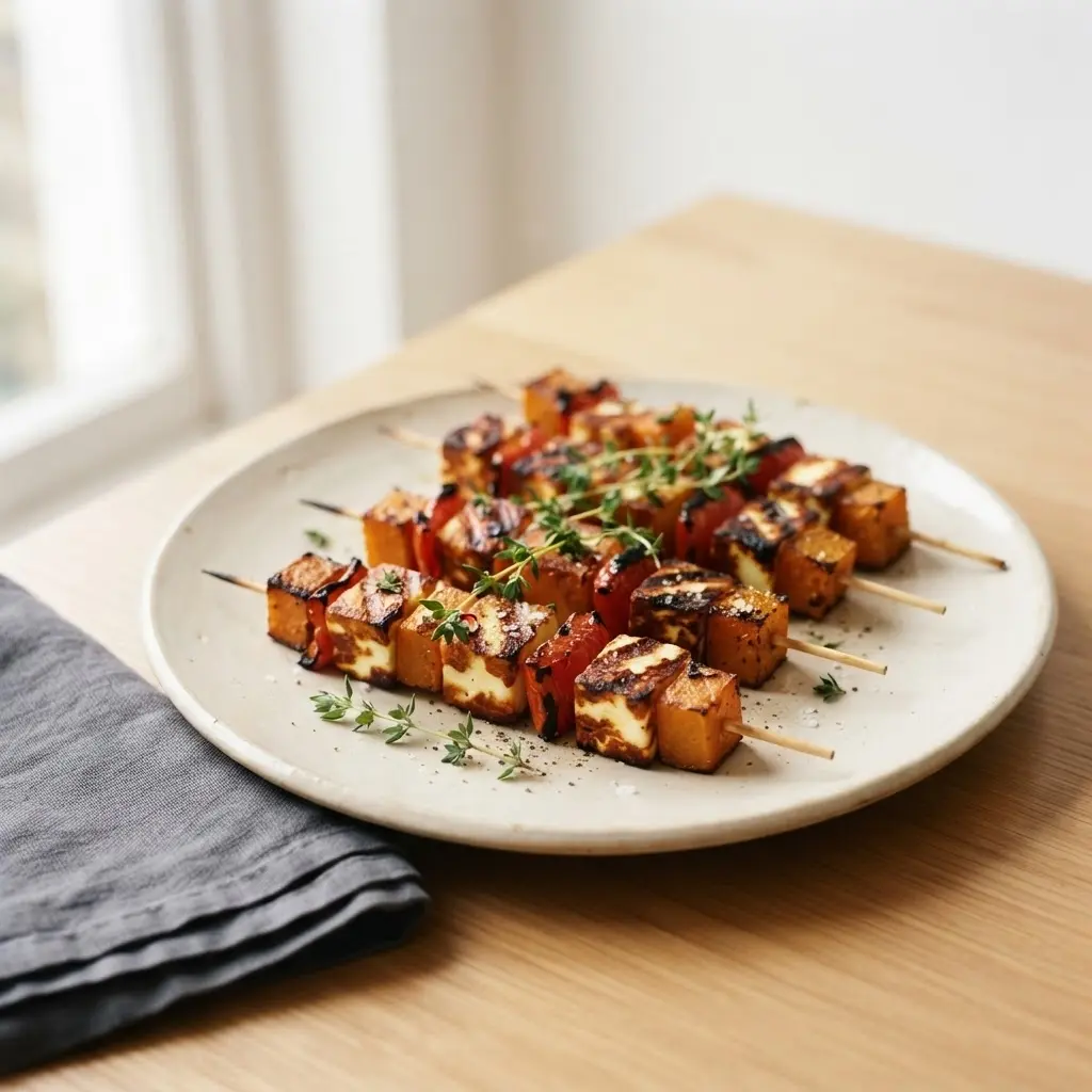 Kürbis-Halloumi-Spieße mit Paprika und Zwiebel auf hellem Teller, goldbraun gegrillt