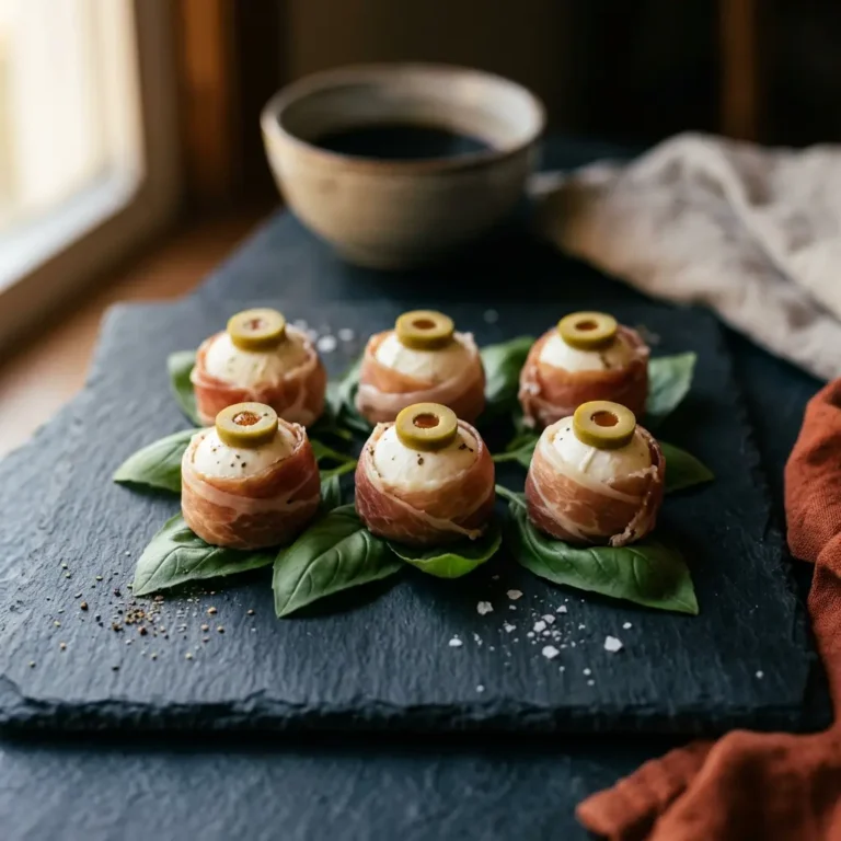 Halloween Augapfel Fingerfood aus Mozzarella mit Prosciutto und grüner Olive auf Basilikumbett.