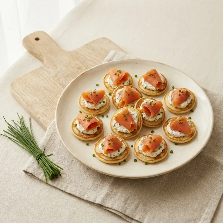 Goldbraune Lachs-Frischkäse Blinis mit Räucherlachs und Schnittlauch auf cremefarbenem Teller, Draufsicht