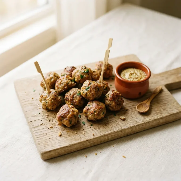 Goldbraune Mini-Frikadellen auf Holzbrett mit Senf-Dip, Draufsicht, Buffet-Fingerfood