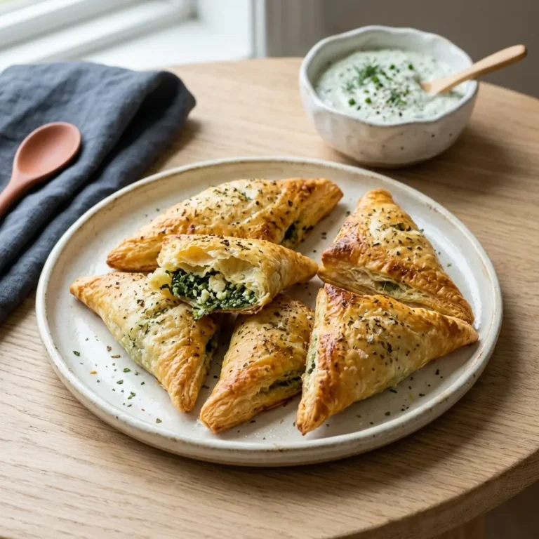 Goldbraune Blätterteigtaschen mit Spinat und Feta auf hellem Keramikteller, einer aufgebrochen
