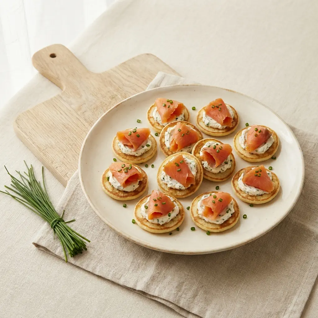 Goldbraune Lachs-Frischkäse Blinis mit Räucherlachs und Schnittlauch auf cremefarbenem Teller, Draufsicht