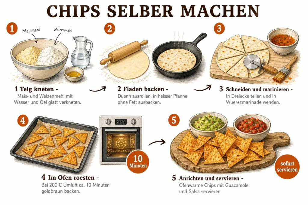 Illustrierte Schritt-für-Schritt-Infografik für selbst gemachte Tortilla-Chips mit Guacamole, 5 Panels