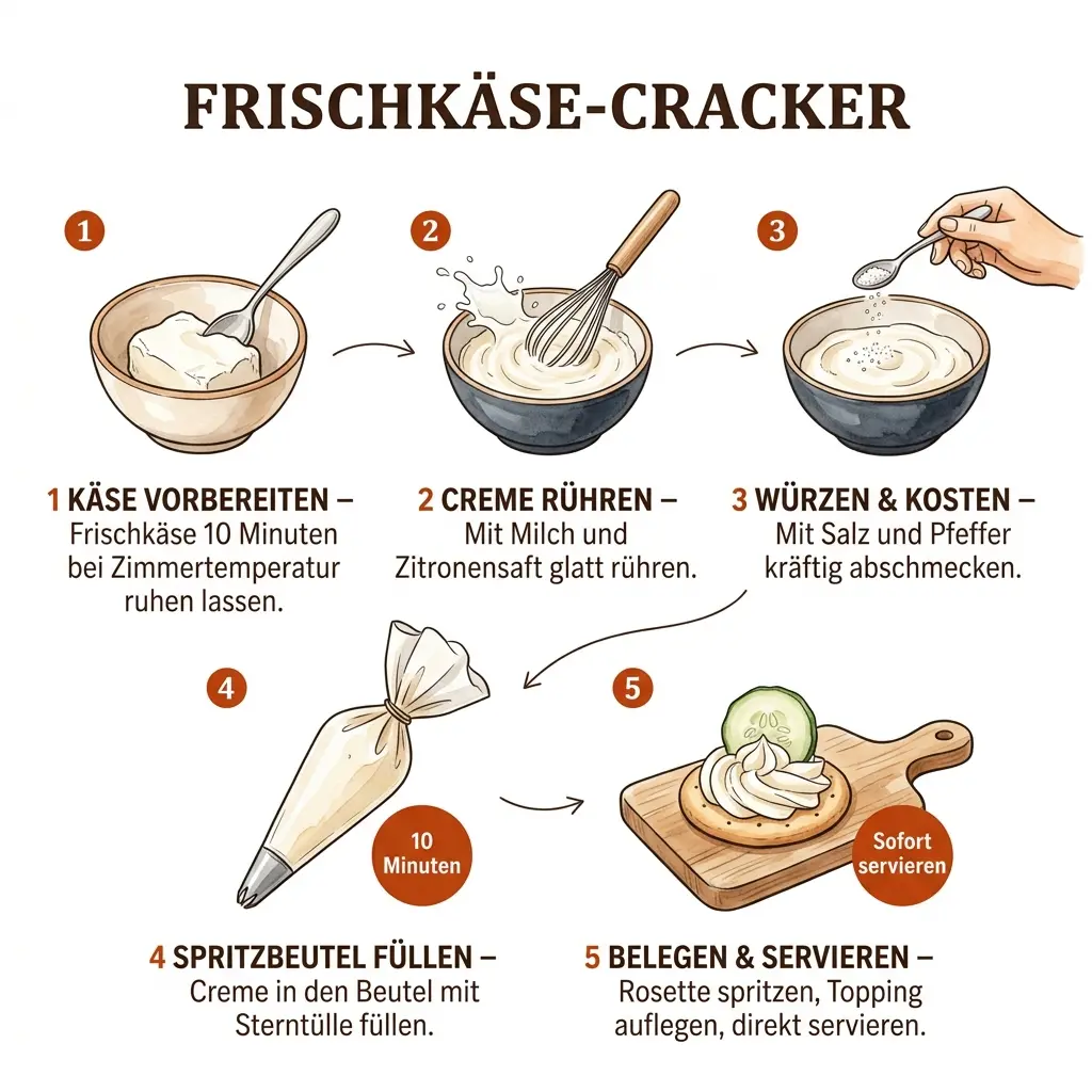 Schritt-für-Schritt-Infografik: Frischkäse-Cracker in 5 Schritten zubereiten