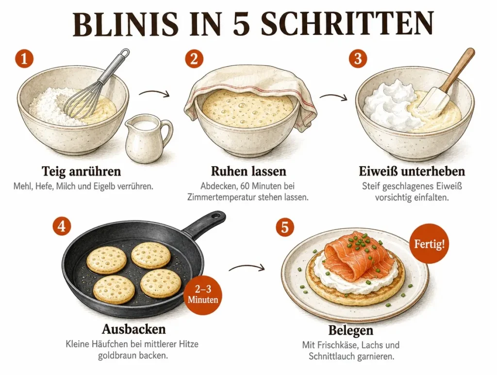 Illustrierte Schritt-für-Schritt-Anleitung für Lachs-Frischkäse Blinis in fünf Panels, handgezeichnet in Aquarell