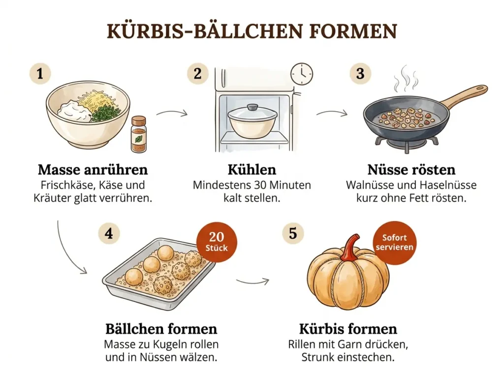 Schritt-für-Schritt-Illustration: Kürbis-Frischkäse-Bällchen herstellen in fünf Schritten