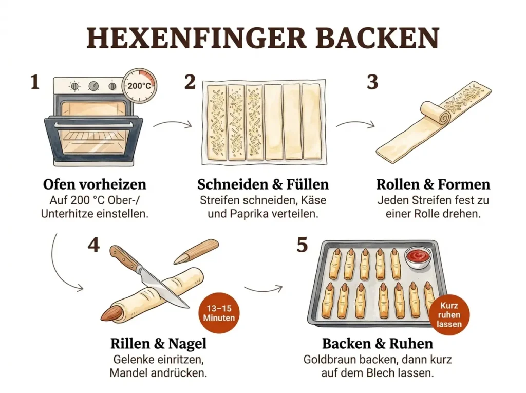 Schritt-für-Schritt-Infografik Hexenfinger aus Blätterteig in fünf illustrierten Panels