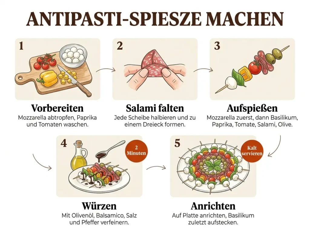 Schritt-für-Schritt-Infografik: Antipasti-Spieße mit Mozzarella und Salami in 5 Schritten