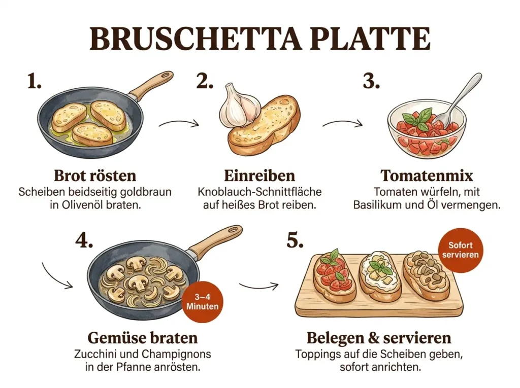 Schritt-für-Schritt-Infografik Bruschetta-Platte: Brot rösten, einreiben, Toppings zubereiten, braten, belegen