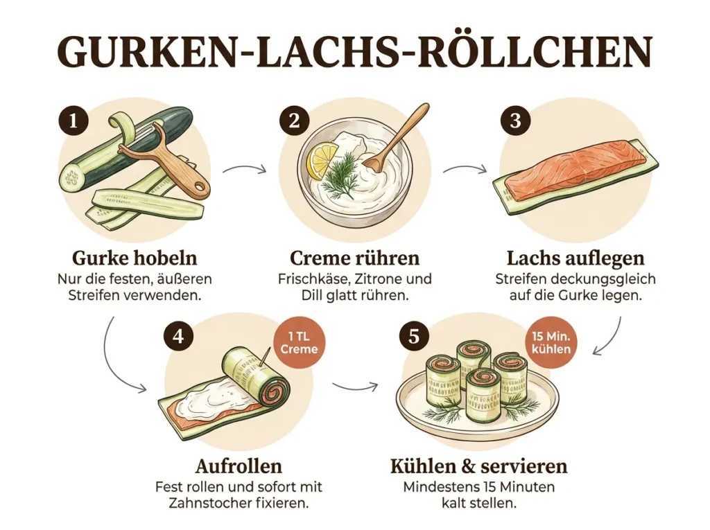 Schritt-für-Schritt-Illustration: Gurken-Lachs-Röllchen in 5 Schritten zubereiten, Aquarell-Infografik