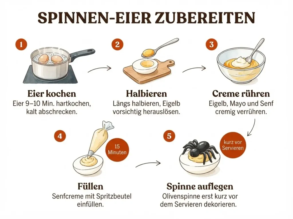 Schritt-für-Schritt-Infografik: Spinnen-Eier mit Senfcreme in fünf Schritten zubereiten