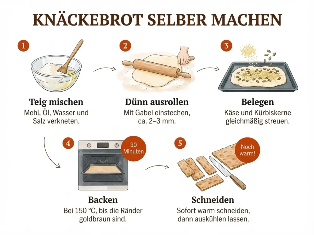 Knäckebrot mit Käse Kürbiskernen selber machen – 5 Schritte als illustrierte Infografik