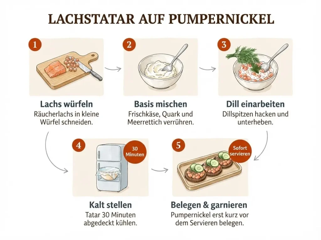 Illustrierte Schritt-für-Schritt-Anleitung für Lachstatar auf Pumpernickel in fünf gezeichneten Panels