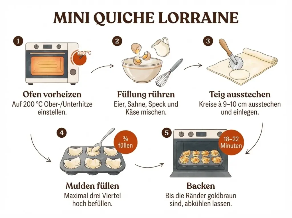  Mini Quiche Lorraine Schritt für Schritt — fünf illustrierte Zubereitungsschritte von der Eiermasse bis zum Backen