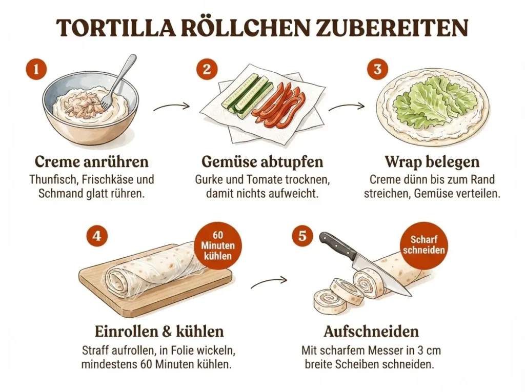 Schritt-für-Schritt-Infografik für Tortilla Röllchen mit Frischkäse: fünf illustrierte Panels