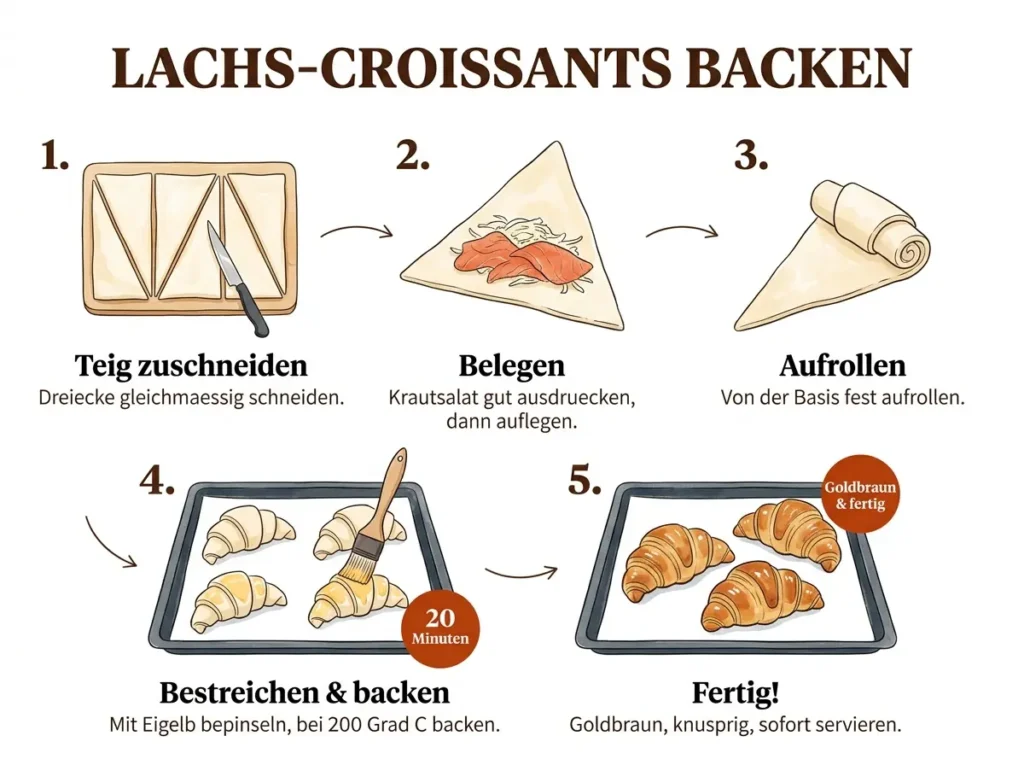 Schritt-für-Schritt-Infografik: Lachs-Croissants aus Blätterteig in 5 Schritten zubereiten