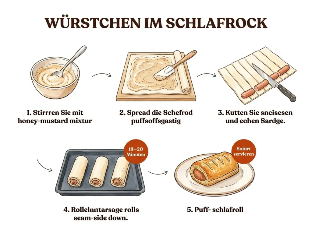  Illustrierte Schritt-für-Schritt-Anleitung für Würstchen im Blätterteig, 5 Panels auf weißem Grund.