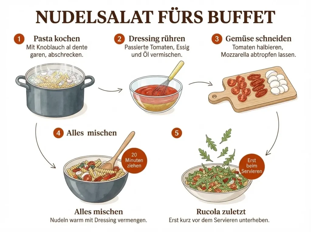 Schritt-für-Schritt-Infografik: So machst du mediterranen Nudelsalat fürs Buffet in 5 Schritten.