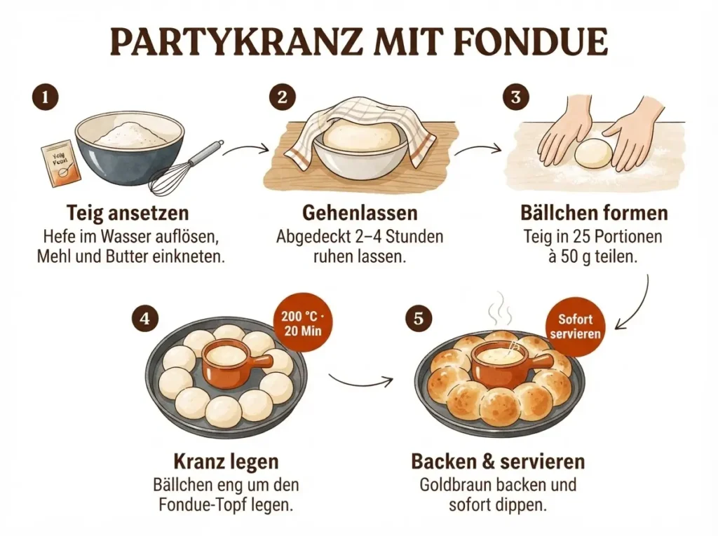 Illustrierte Schritt-für-Schritt-Anleitung Partykranz mit Käsefondue in fünf Panels