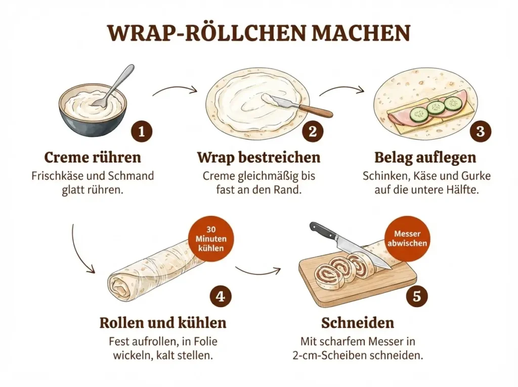Schritt-für-Schritt-Infografik: Wrap-Röllchen mit Frischkäse und Schinken in fünf illustrierten Schritten.