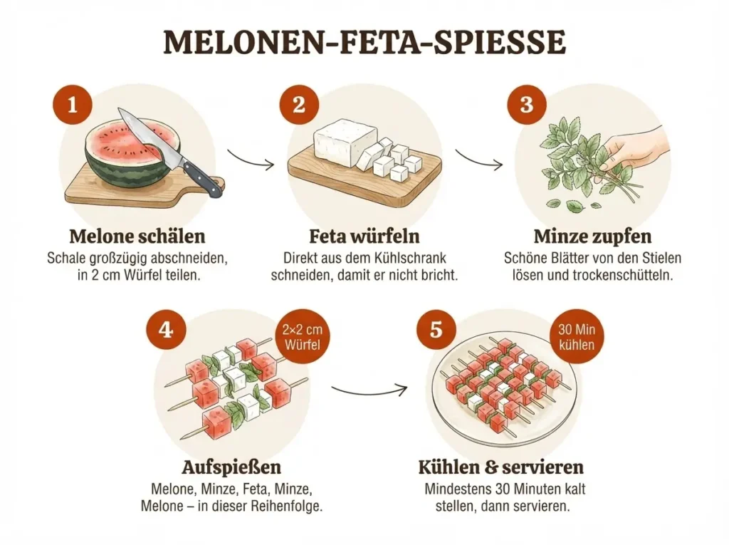 Schritt-für-Schritt-Illustration: Melonen-Feta-Spieße in 5 Schritten selber machen