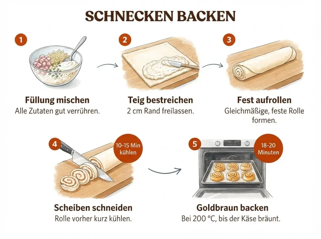 Schritt-für-Schritt-Infografik: Blätterteig Schinken Käse Schnecken in fünf illustrierten Schritten
